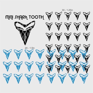 May include: A digital download of 24 black and blue shark tooth SVG files. The files are 1.5 inches and 1.25 inches in size. The image shows the text "MINI SHARK TOOTH".