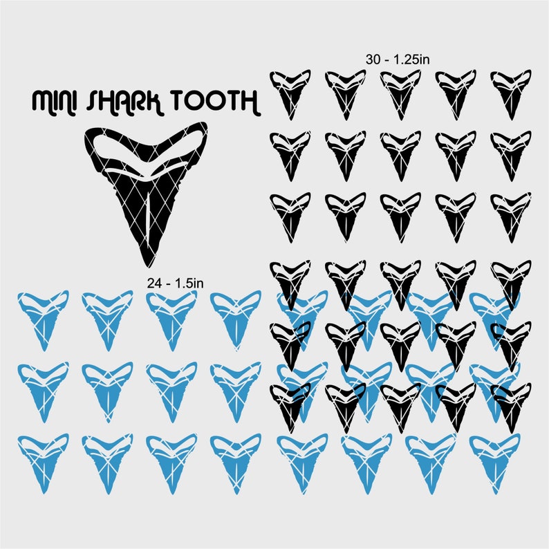 May include: A digital download of 24 black and blue shark tooth SVG files. The files are 1.5 inches and 1.25 inches in size. The image shows the text "MINI SHARK TOOTH".