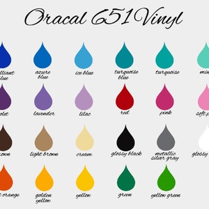 May include: A color chart of Oracal 651 vinyl, showing 18 different colors in the shape of teardrops. The colors include brilliant blue, azure blue, ice blue, turquoise blue, turquoise, mint, violet, lavender, lilac, red, pink, soft pink, brown, light brown, cream, glossy black, metallic silver gray, glossy white, light orange, golden yellow, yellow, green, and yellow green.