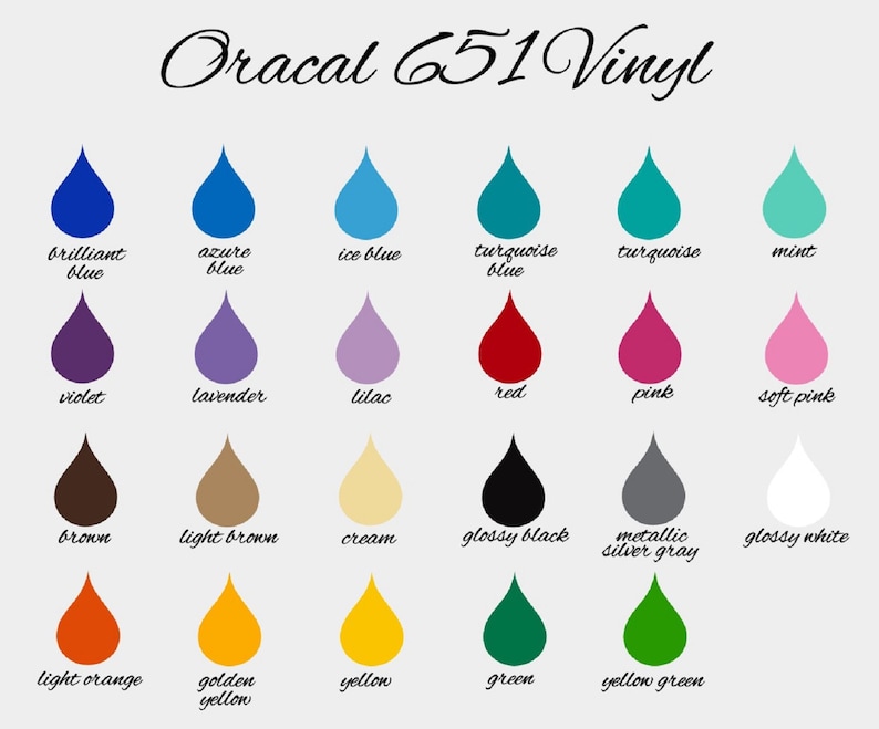 May include: A color chart of Oracal 651 vinyl, showing 18 different colors in the shape of teardrops. The colors include brilliant blue, azure blue, ice blue, turquoise blue, turquoise, mint, violet, lavender, lilac, red, pink, soft pink, brown, light brown, cream, glossy black, metallic silver gray, glossy white, light orange, golden yellow, yellow, green, and yellow green.