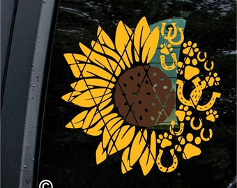 Paws and Horseshoes Sunflower Decal~Western Sunflower Decal~Hoof and Paws Decal~Style #3 Monogram Decal~Car Window Decal~(#SS0A16)