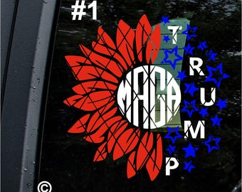 May include: A red, white, and blue sunflower with the word "TRUMP" spelled out in stars and the word "MAGA" in a circle in the center. The number "#1" is in the top left corner of the image.