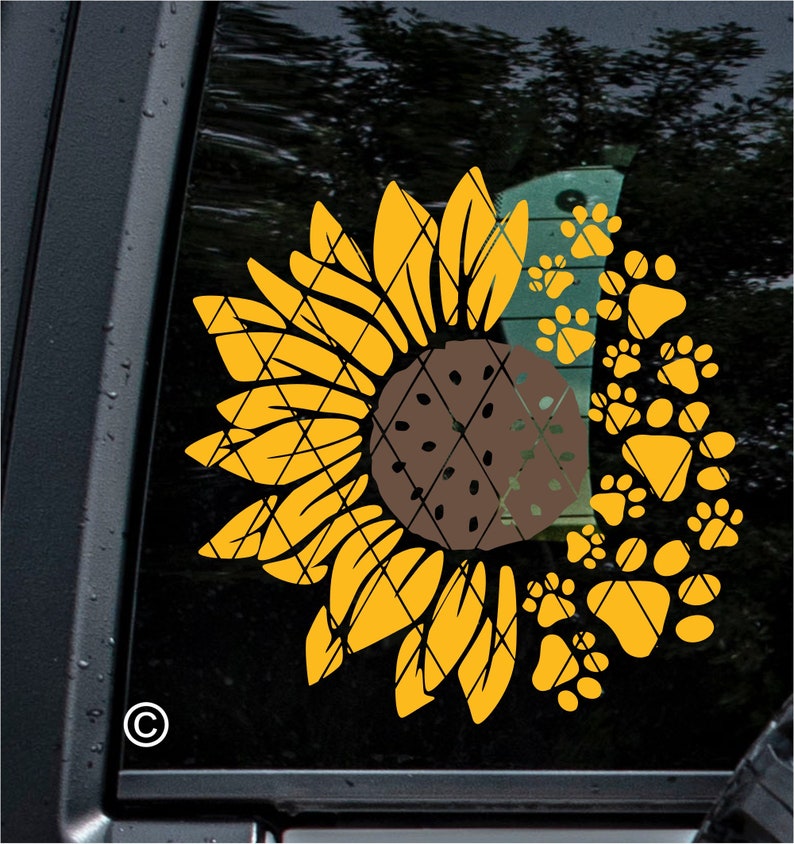 Puede incluir: Un girasol amarillo con un centro marr&oacute;n est&aacute; rodeado por un c&iacute;rculo de huellas de patas amarillas.