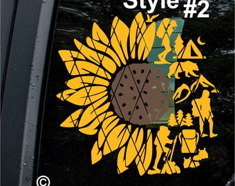 Sunflower Hiking Decal, Car Window Sticker, Wander Woman Gift