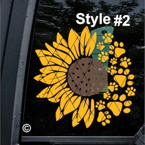 Dog Paw Print Sunflower Vinyl Car Decal~Sunflower Paw Print Decal~PAWS and Sunflower Decal~Style #3 Monogram Decal~Car Window Decal~(#SS0A4)