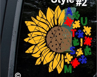 Autism Awareness Sunflower Car Decal: Monogram Style #3, (SS00B9)