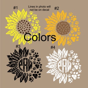 Puede incluir: Cuatro variaciones de un dise&ntilde;o de girasol con huellas de patas. El girasol es amarillo con un centro marr&oacute;n en los dos primeros dise&ntilde;os. El tercer dise&ntilde;o es negro con un monograma blanco y negro en el centro. El cuarto dise&ntilde;o es blanco con un monograma blanco en el centro.