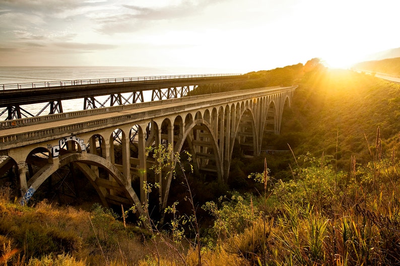 Coastal Photography Railroad Wall Art Santa Barbara Southern California Old Highway 101 Bridge Sunset Print Gaviota