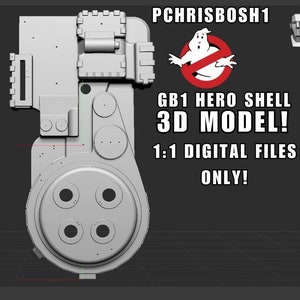 May include: A grey 3D model of a GB1 Hero Shell, a prop from the Ghostbusters franchise. The model shows detailed mechanical components, including a circular front with four circular openings. Text on the image reads "GB1 Hero Shell 3D Model! 1:1 Digital Files Only!"