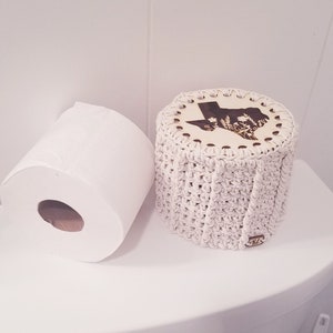 UNIQUE Texas Crochet cotton/engraved wood base toilet paper cover,toilet paper cozy,bathroom decor storage color Natural Wood tag included