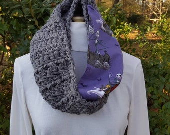 NEW Inspired Crochet/Fabric infinity scarf, wrap, cowl .Gray yarn Adult/teen size