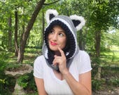 Fun Crochet Raccoon hood scarf, cosplay, cowl, animal hood inspired,  galaxy raccoon with fur ears , bandit, scoodie, hoodie  Adult/teen