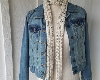 NEW Skinny scarf ,crochet textured scarf, Tie scarf, Long , Choker scarf , Thin , Ivory tweed custom option, USA made Adult/teen size