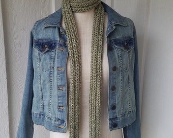 NEW Skinny scarf , crochet textured scarf, Tie scarf, Long , Choker scarf , Thin ,Sage speckled tweed custom option USA made Adult/teen size