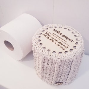 UNIQUE Funny Crochet cotton/engraved wood base toilet paper cover,toilet paper cozy, bathroom decor, storage color Natural Wood tag included
