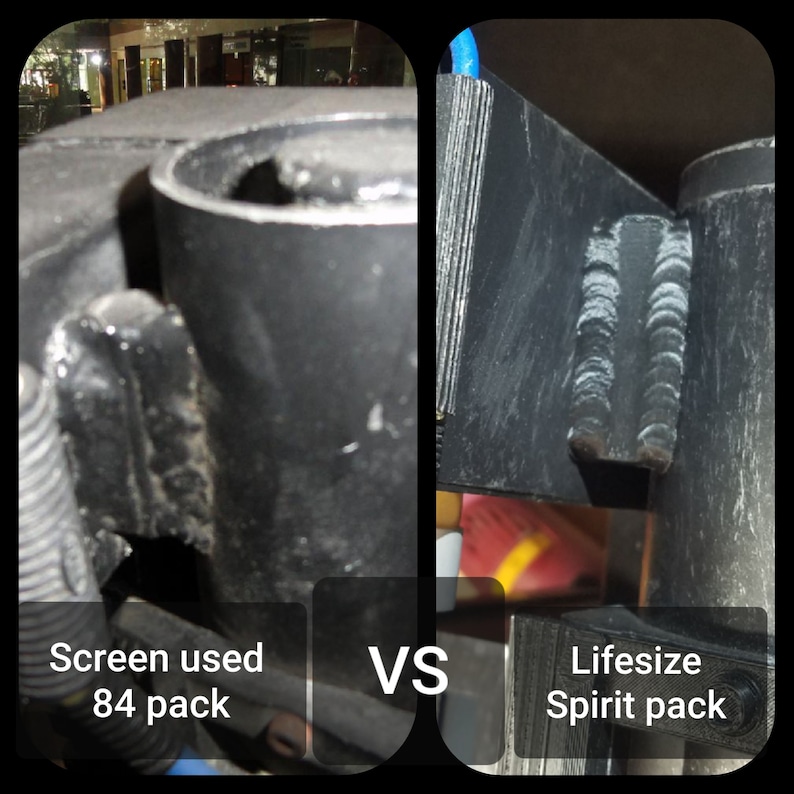 May include: A split-screen image comparing two black metal components. The left side shows a curved section with the text "Screen used 84 pack." The right side displays a welded joint with the text "Lifesize Spirit pack."