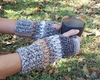 Guantes sin dedos con textura de crochet gruesos en colores tierra abigarrados para enviar mensajes de texto, escribir, mitones, calentadores de brazos y conducir. Talla para adultos y adolescentes.