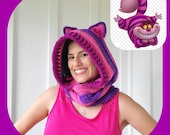 Cute crochet chestershire cat hood scarf/cowl animal hood, pink, pussy cat scoodie cosplay, cat ears, hood scarf,lash yarn ear  Adult/Teen