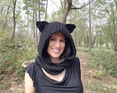 Cute crochet black cat hood scarf/cowl animal hood, panther, pussy cat scoodie cosplay, cat ears hood scarf, kitty cat, panther Adult /teen