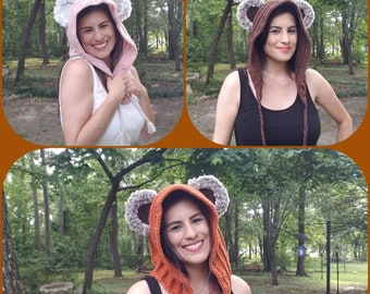 May include: A collage of three images featuring hooded crochet hats with bear ears. The hats are in pink, brown, and orange, each with gray faux fur ear accents. The hats have long ties with tassels. The background is a park setting with trees.