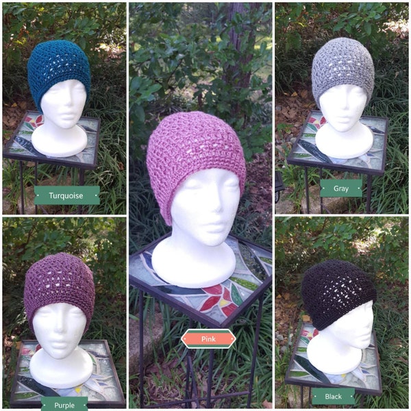 Crochet Chemo beanie/cap No Hair Don't care Fight ON! Light weight Summer/spring beanie Pink,Gray,Purple,Black Turquoise,Ivory,Blue & more