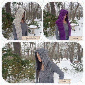Crochet Hoody/scoodie/scood/hooded long scarf pixie hood,woodland scarf Gray, oatmeal tweed,black and purple,more custom  option Adult/Teen