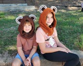 Fun Kids galaxy inspired crochet scoodie,hooded scarf hoodie,hooded cowl with fur ears, woodland hood,  hoody, fur bear cosplay Child Sizes