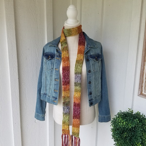 NEW Skinny Knit Tube scarf w/fringe Tie scarf, Long , Choker scarf, Thin ,  Multicolored custom option, USA made Adult/teen sizes