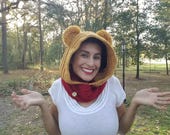 Fun Winnie the inspired crochet scoodie,piglet, hooded bear scarf hoodie,hooded cowl with fur ears, hood,  hoody, fur pooh bear cosplay