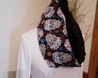 NEW Sugar skulls,Day of the dead, Dia de los muertos, sparkle infinity scarf with fabric, coco, candy skull Adult/teen size