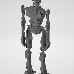 May include: A gray, articulated robot with a rounded head and a body made of multiple connected sections. The robot has two arms and two legs, each with multiple joints. The robot is standing on a white background.