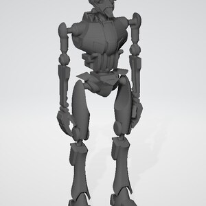 May include: A gray, articulated robot figure with a helmet and a detailed body. The robot is standing with its arms at its sides.