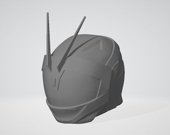 May include: A gray 3D printed helmet with a futuristic design. The helmet has two long, thin antennas on top and a visor that covers the face.