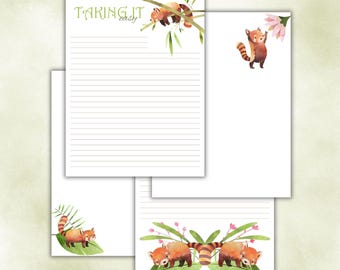 May include: Three sheets of white stationery featuring watercolor red pandas. One sheet has horizontal lines and the text "TAKING IT easy" with a red panda on a branch. Another sheet is blank with a red panda and flower. One sheet has lines and two red pandas.