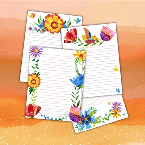 May include: Four sheets of lined stationery with colorful floral and bird watercolor designs. The flowers are in shades of yellow, red, purple, and blue, with green leaves and stems. The background is a gradient of orange and yellow.