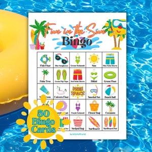 Divertimento al sole Bingo, Bingo per bambini stampabile, Bingo estivo, Bingo per feste in piscina, Bingo in spiaggia, Bingo estivo, Giochi per feste in piscina