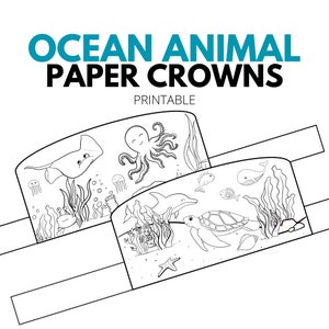 Corona di carta con animali dell'oceano, corona stampabile per bambini, corona di carta per bambini, colorazione della corona per bambini, cappello da festa in spiaggia, cappello da pesce con decorazioni da spiaggia, cappello da pesce dell'oceano