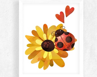 Nature Girl Nursery, Watercolor Sunflower Print, Ladybug