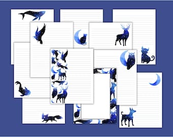May include: A collection of lined stationery featuring watercolor illustrations of celestial animals, including a whale, eagle, deer, cat, fox, and dog. The designs incorporate a dark blue and white galaxy theme, with crescent moons and stars.