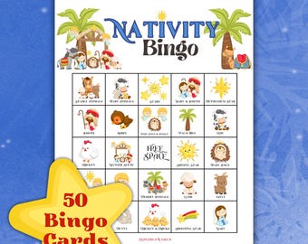 Puede incluir: Una tarjeta de juego de Bingo de la Natividad con ilustraciones de la escena de la Natividad, incluyendo a María, José, el niño Jesús y varios animales. La tarjeta tiene un fondo azul y una tarjeta en forma de estrella amarilla que dice "50 Cartas de Bingo".