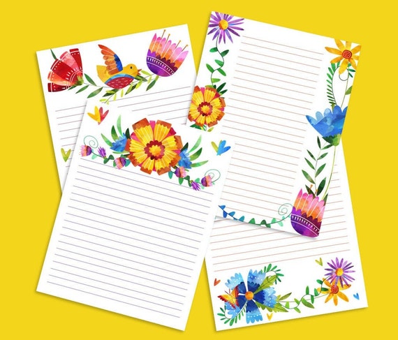 Mexican Floral Stationery Printable, Cinco de Mayo Fiesta Paper, Watercolor Writing Paper Set, Colorful Party Printable, 8.5x11
