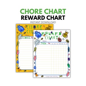 Può includere: Due tabelle di compiti e ricompense stampabili. I grafici presentano illustrazioni colorate di vari insetti e le parole "CHORE CHART" e "REWARD CHART" in verde. I grafici sono etichettati "CHORES" e "TASK" con spazio per nomi e compiti.
