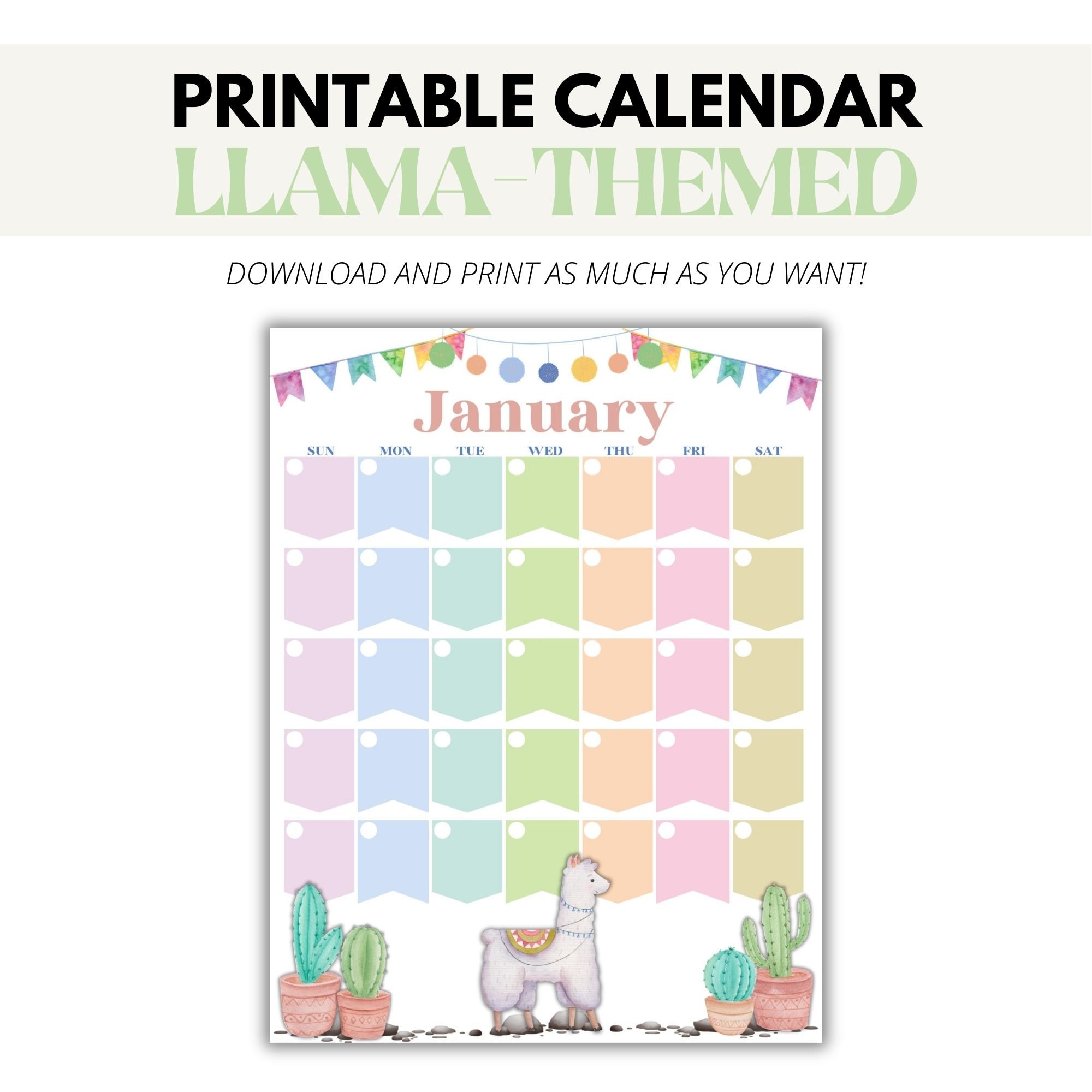 Llama Calendar, Llama Printable Calendar, Monthly Calendar, Calendar