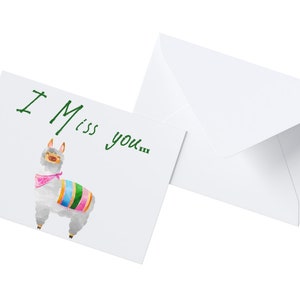 Tarjetas de felicitación en blanco de Llama con dichos comunes como "Te extraño" y "Hola" ~ Tarjetas digitales imprimibles ~ Llama y Cactus ~ Tarjetas plegables