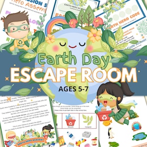 Puede incluir: Un juego de Escape Room del Día de la Tierra para niños de 5 a 7 años, con un globo terráqueo sonriente, flores y hojas. La imagen incluye ilustraciones de niños con disfraces de superhéroes y hojas de trabajo educativas.
