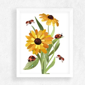 Sunflower Watercolor Print ~ Sunflower Wall Art ~ Nursery Wall Décor ~ Ladybugs and Sunflowers ~ Girly Art ~ Digital Wall Art ~ Printable