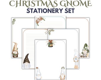 May include: A stationery set featuring various white paper sheets with decorative borders and watercolor illustrations of Christmas gnomes and festive greenery. The text "CHRISTMAS GNOME STATIONERY SET" is displayed at the top.
