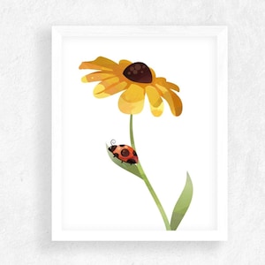 Ladybug and Sunflower Art ~ Sunflower Watercolor Print ~ Ladybugs and Sunflowers ~ Nursery Wall Décor ~ Girl&#39;s Room Wall Art ~ Flower Art