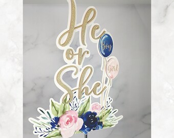 Gender Reveal Cake Topper He or She Party Decor Navy and Blush Glitter Cake Top Pink and Blue Gender Announcement Gathering Cake Decor