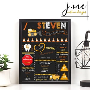 Kipper bouw thema eerste jaar mijlpaal afdrukbare bewerkbare tabel decor voor bouw verjaardagsfeestje mijlpaal print 8 x 10